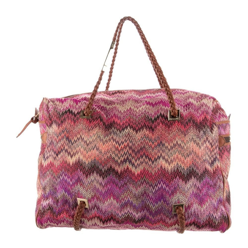 Missoni pink chevron knit bag duffle weekender braided leather handles EUC $695